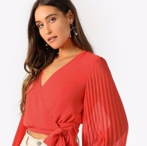 Shein Pleated Sleeve Surplice Knot Blouse.